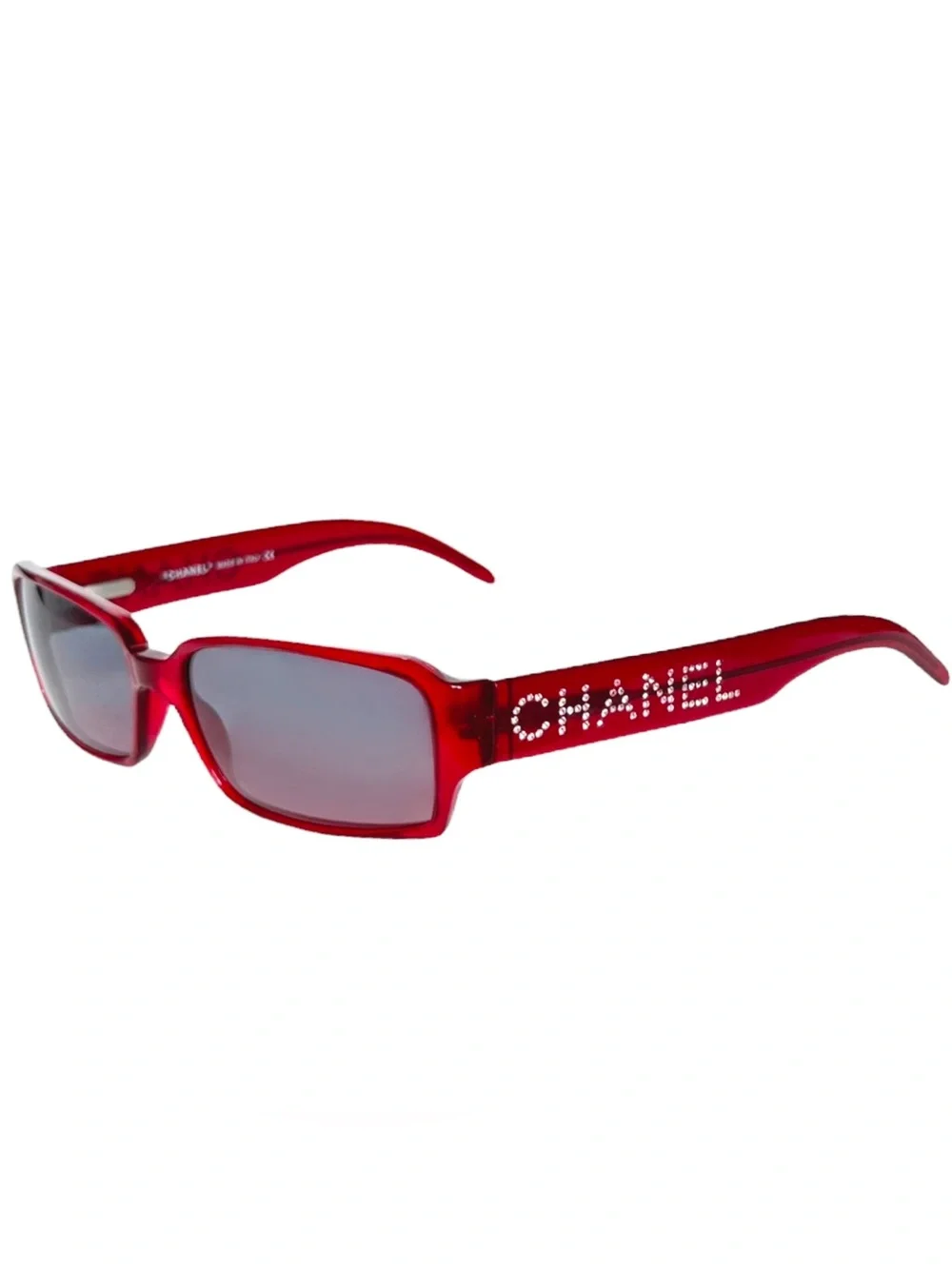 Like New CHANEL Red Rectangular Sunglasses with Crystal Logo Temples